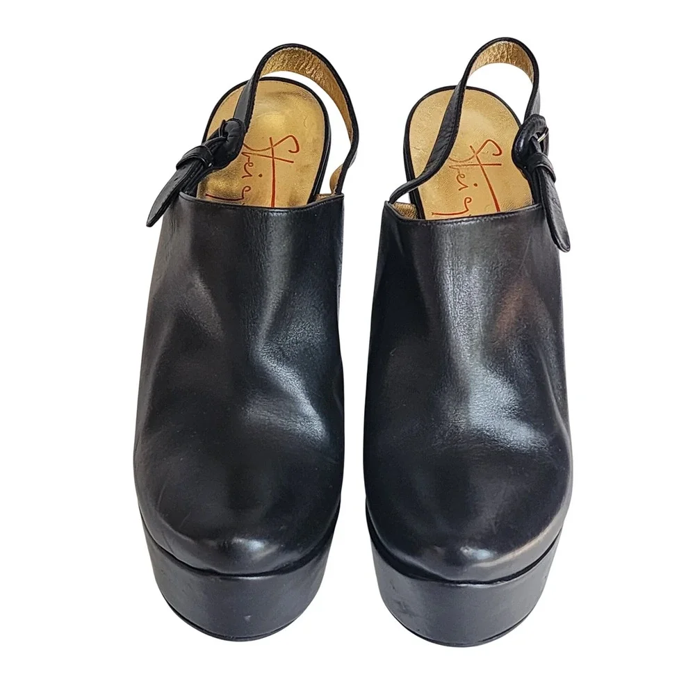 Walter Steiger Paris Black Leather Platform Wedge Slingback Heels Sandals 40